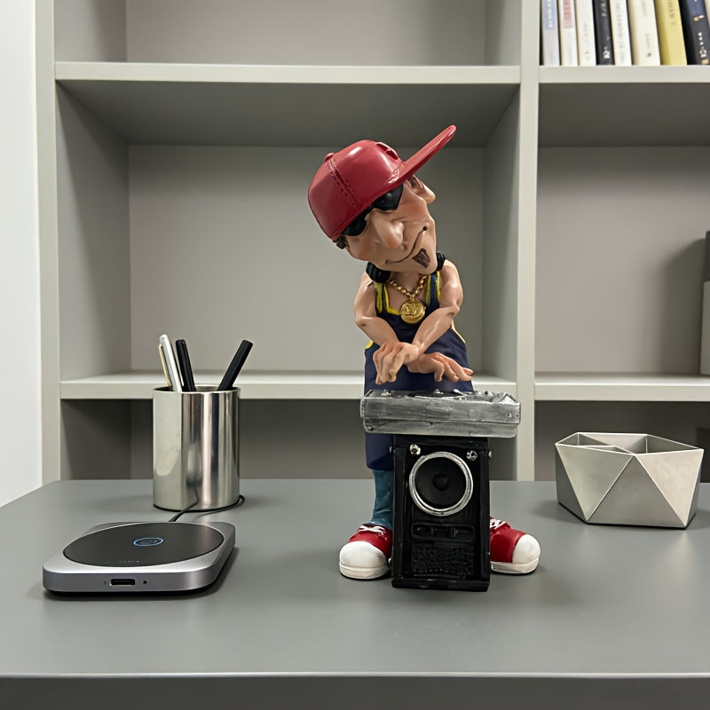 Tnessential Resin DJ Statue with Red Hat & Golden Chains 3D Decor