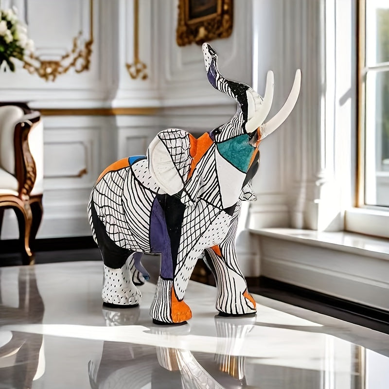 Tnessential Chic Striped Geometric Elephant Resin Statue 3D Decor