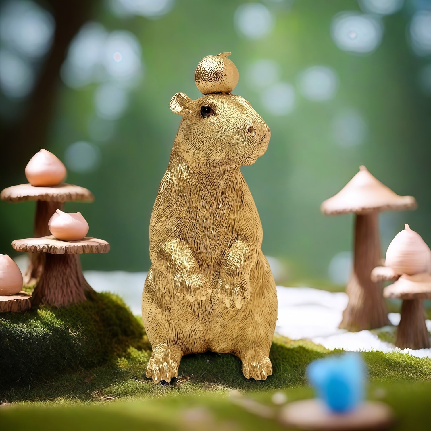Tnessential Golden Capybara Statue with Orange on Head 3D Decor