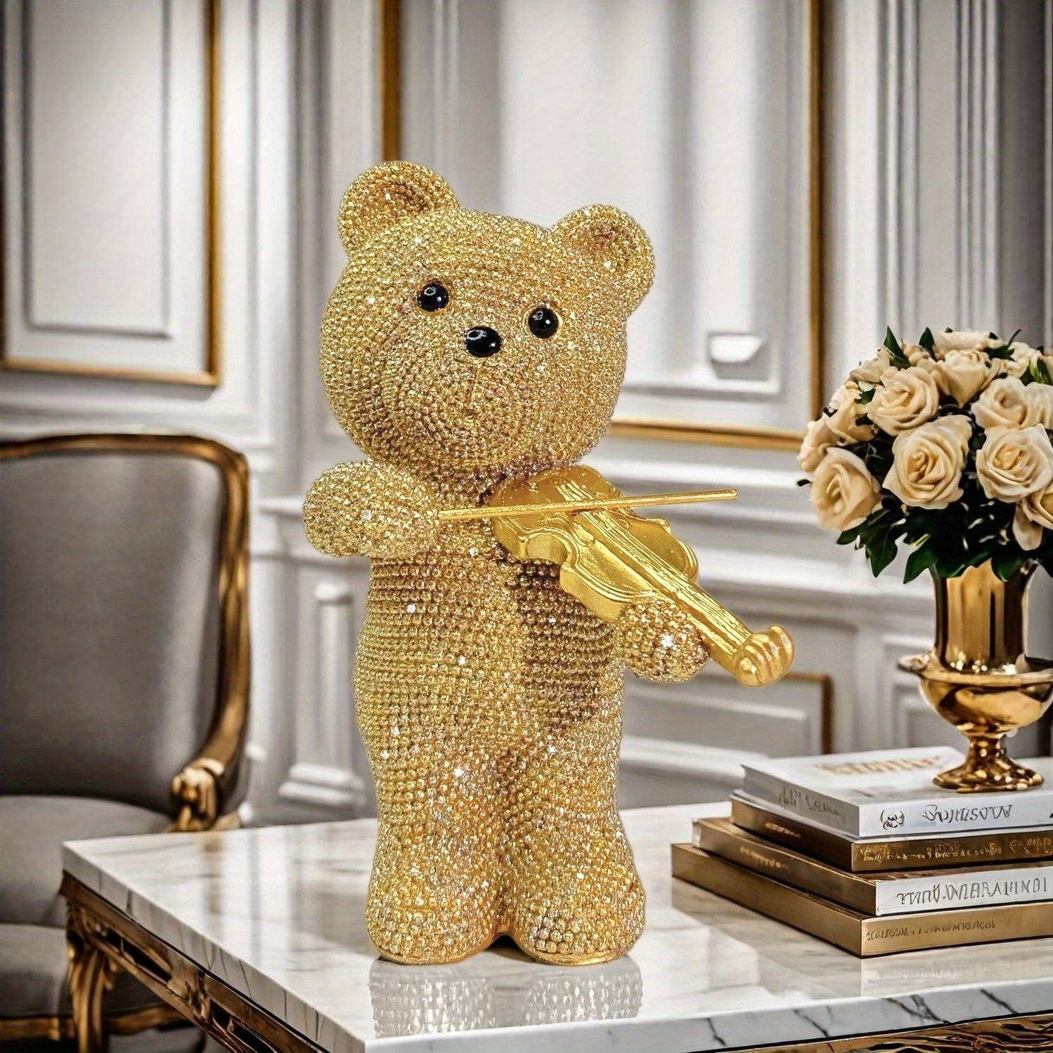 Tnessential Beautiful Beaded Bear Violinist Statue 3D Decor
