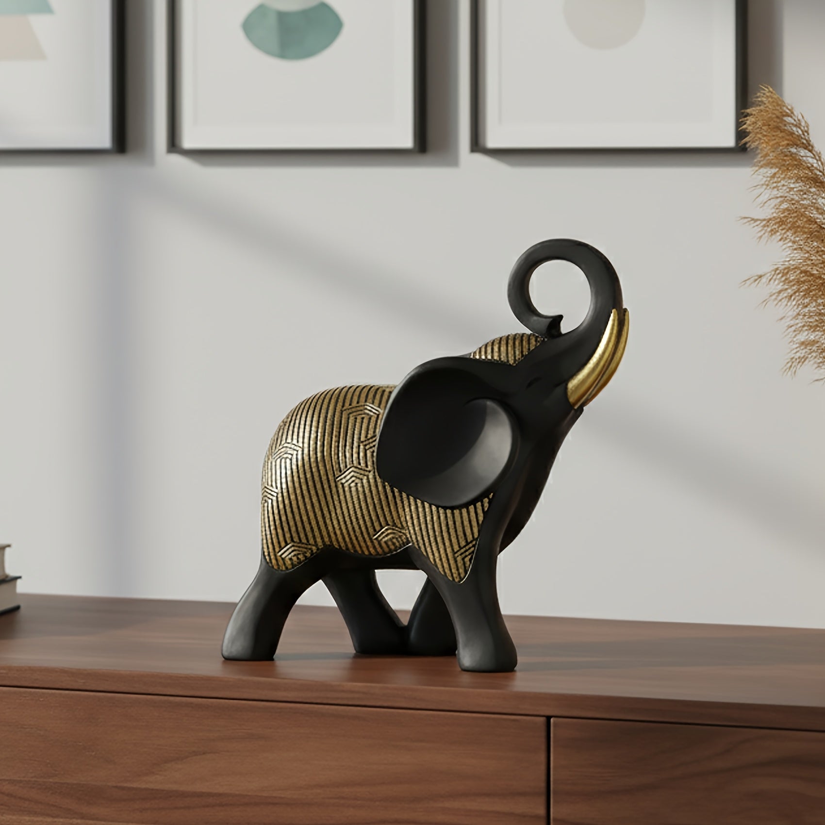 Tnessential Golden Striped Black Elephant Collectible Figurines 3D Decor