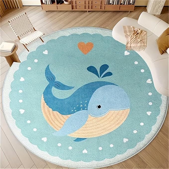 CUTE BLUE WHALE ROUND RUG