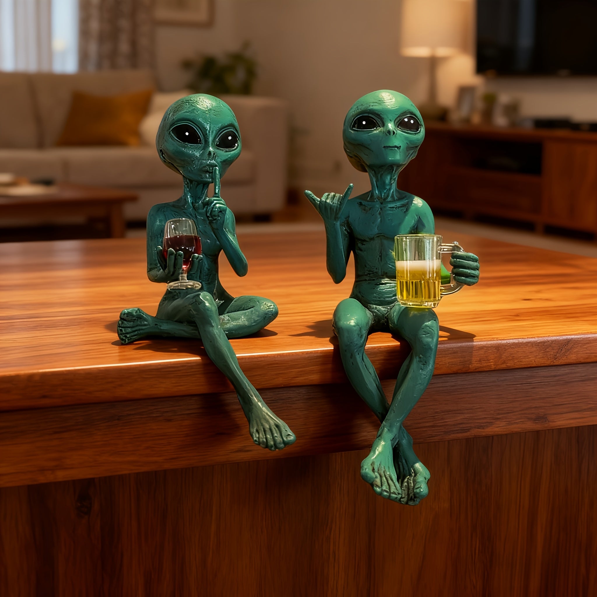 Tnessential Green Alien Drinking Resin Collectible Figurines 3D Decor