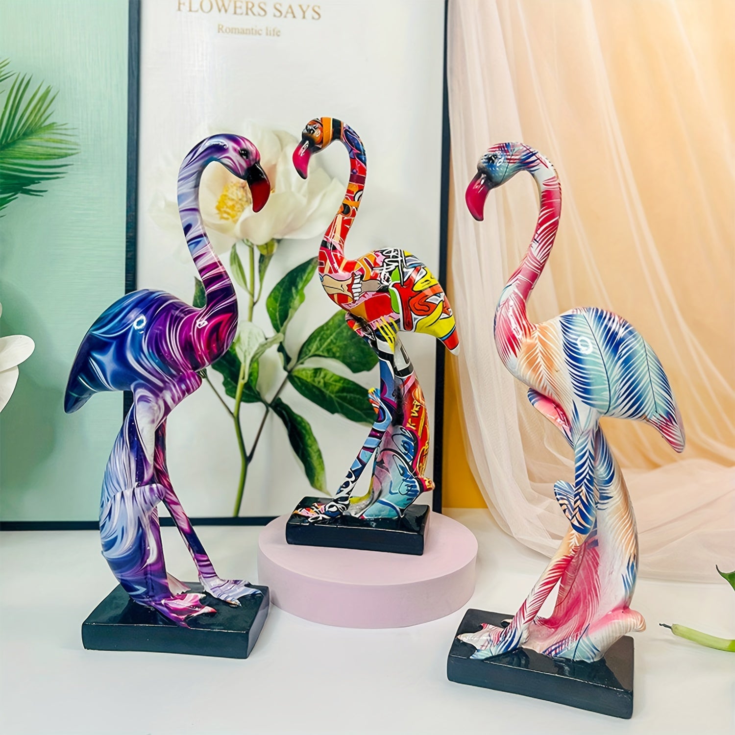Tnessential Graffiti Flamingo Sculpture Animal Statues Art Figurines 3D Decor