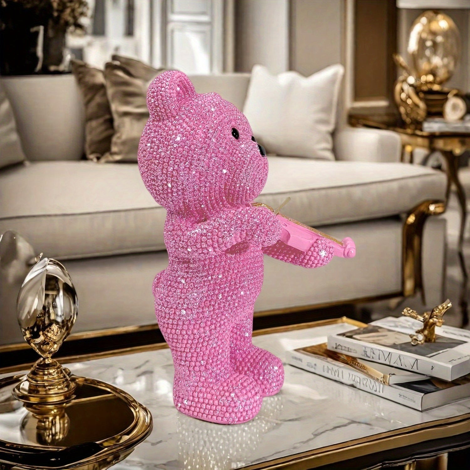 Tnessential Beautiful Beaded Bear Violinist Statue 3D Decor