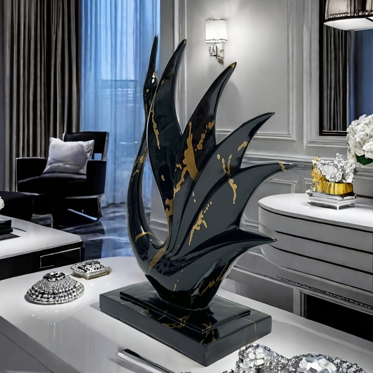 Tnessential Black Golden Elegant Dancing Swan Resin Sculpture 3D Decor