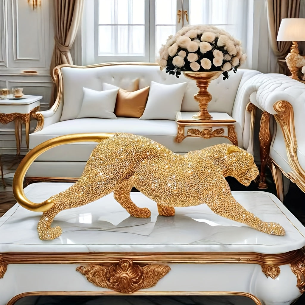 Tnessential Luxurious Golden Bead Leopard Resin Bead Art Sculpture 3D Decor