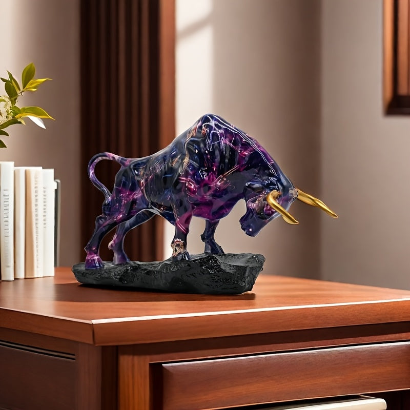 Tnessential Majestic Purple Resin Bull Statue with Golden Horns 3D Decor