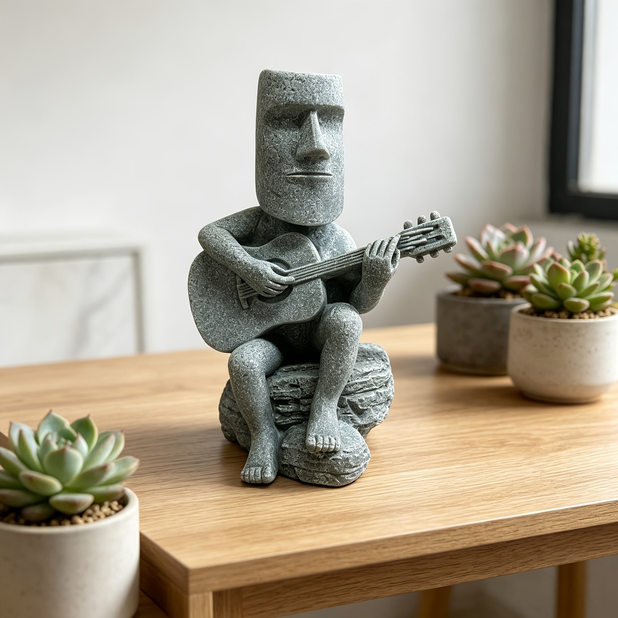 Tnessential Green Sandstone Moai Statue Figurine Creative Rocking 3D Decor
