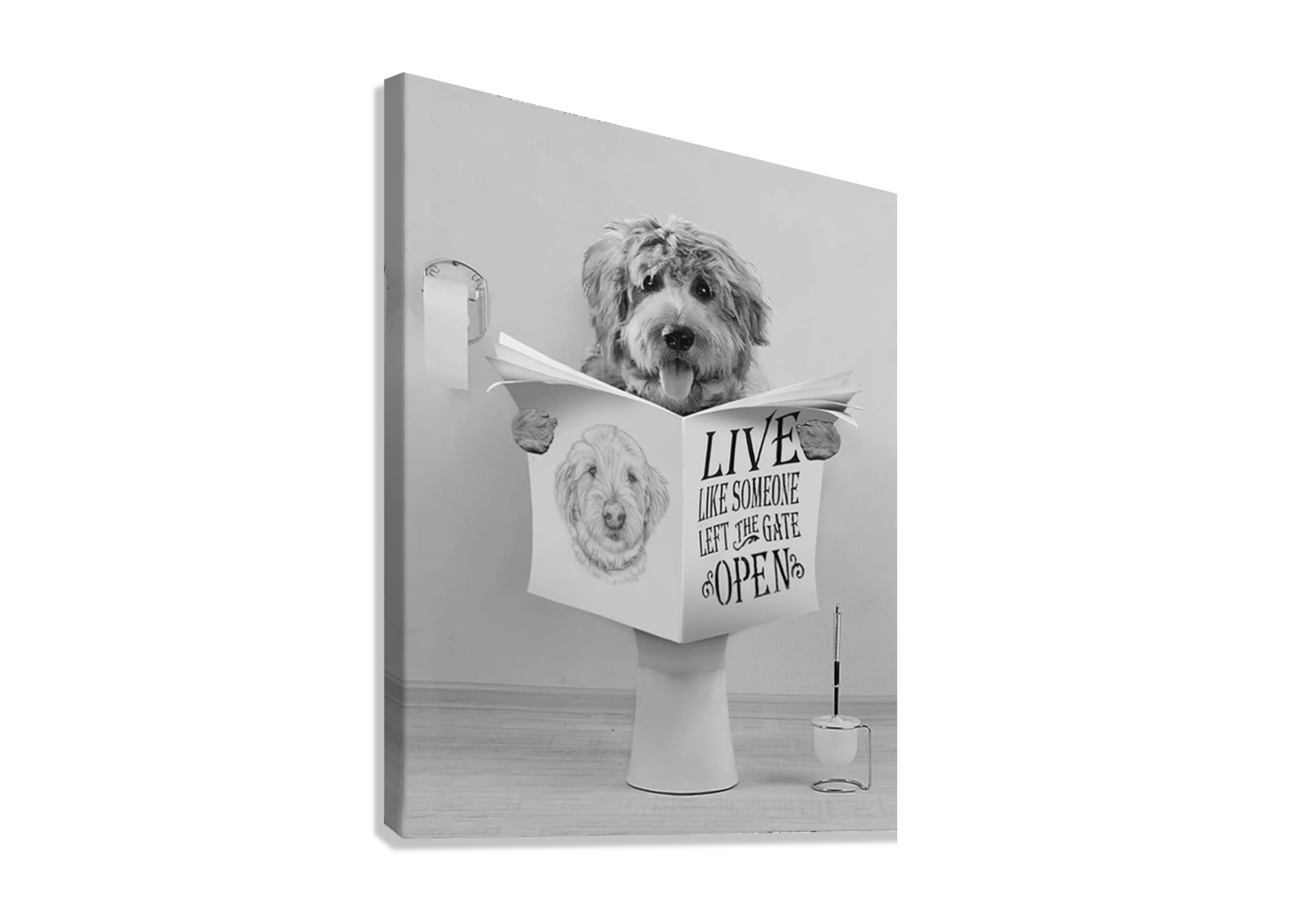 FUNY POODLE SITTING ON TOILET CANVAS POSTER