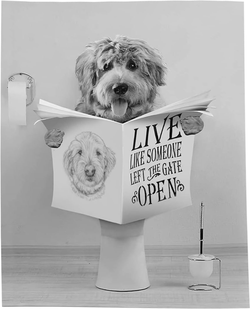 FUNY POODLE SITTING ON TOILET CANVAS POSTER