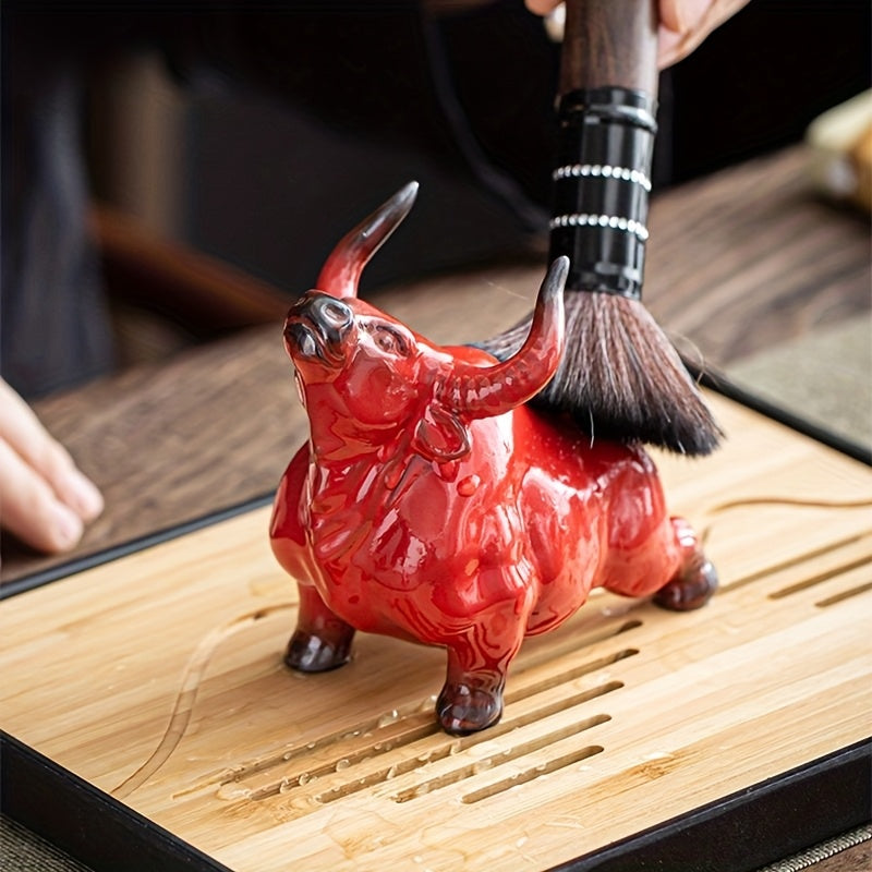 Tnessential Ceramic Red Zodiac Cow Tea Pet Decoration for Tabletop Ox 3D Decor