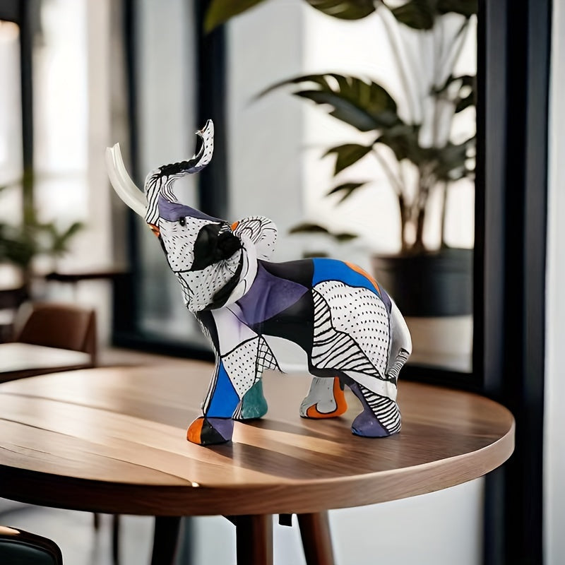 Tnessential Chic Striped Geometric Elephant Resin Statue 3D Decor