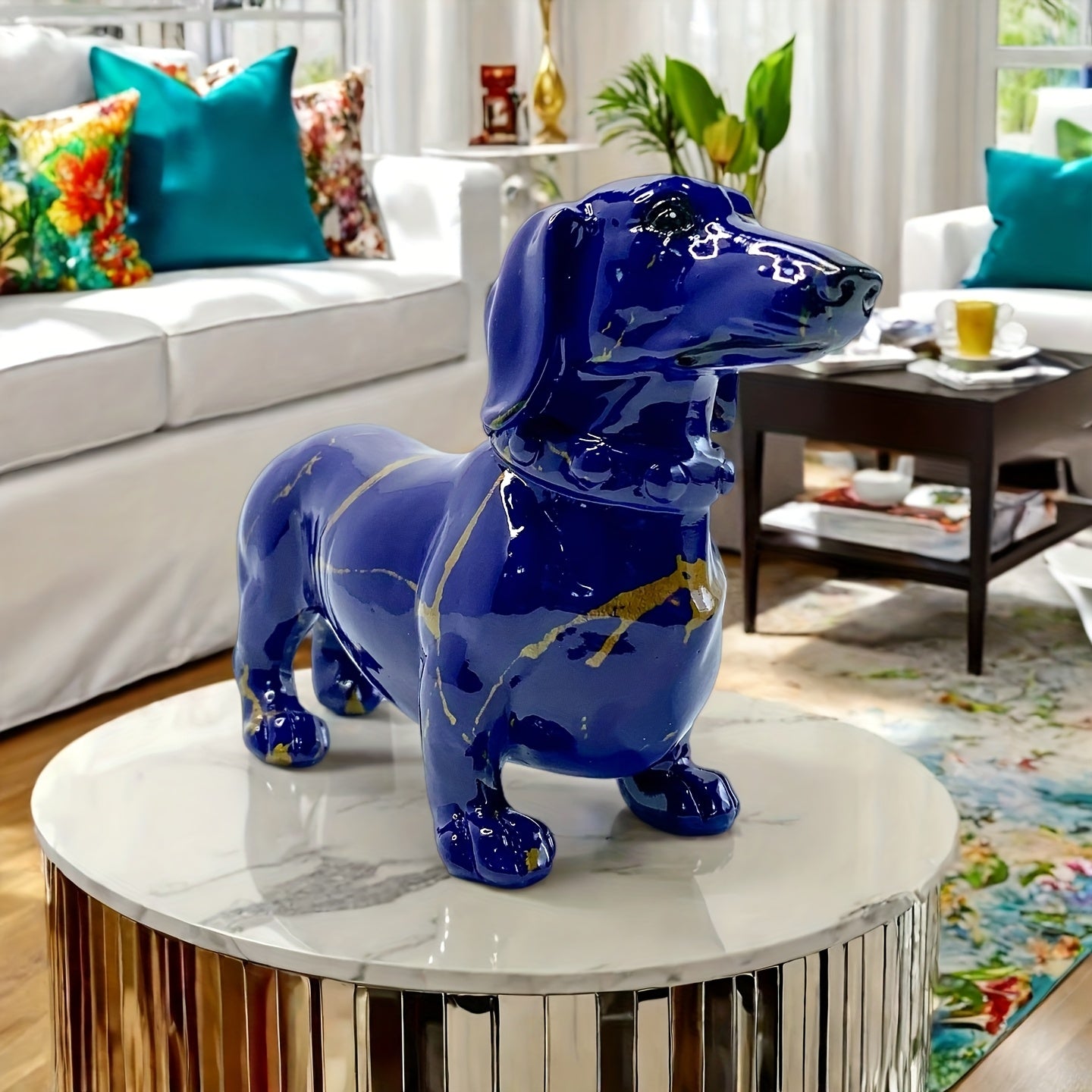 Tnessential Modern Creative Navy Blue Dachshund Decoration with Golden 3D Decor