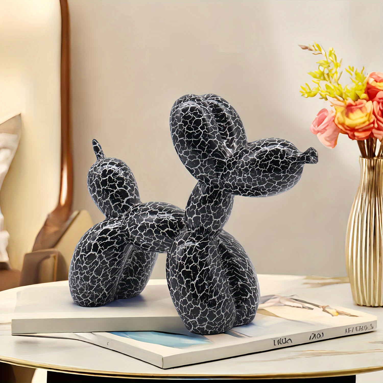 Tnessential Modern Black and White Crackle Balloon Dog Statue 3D Decor