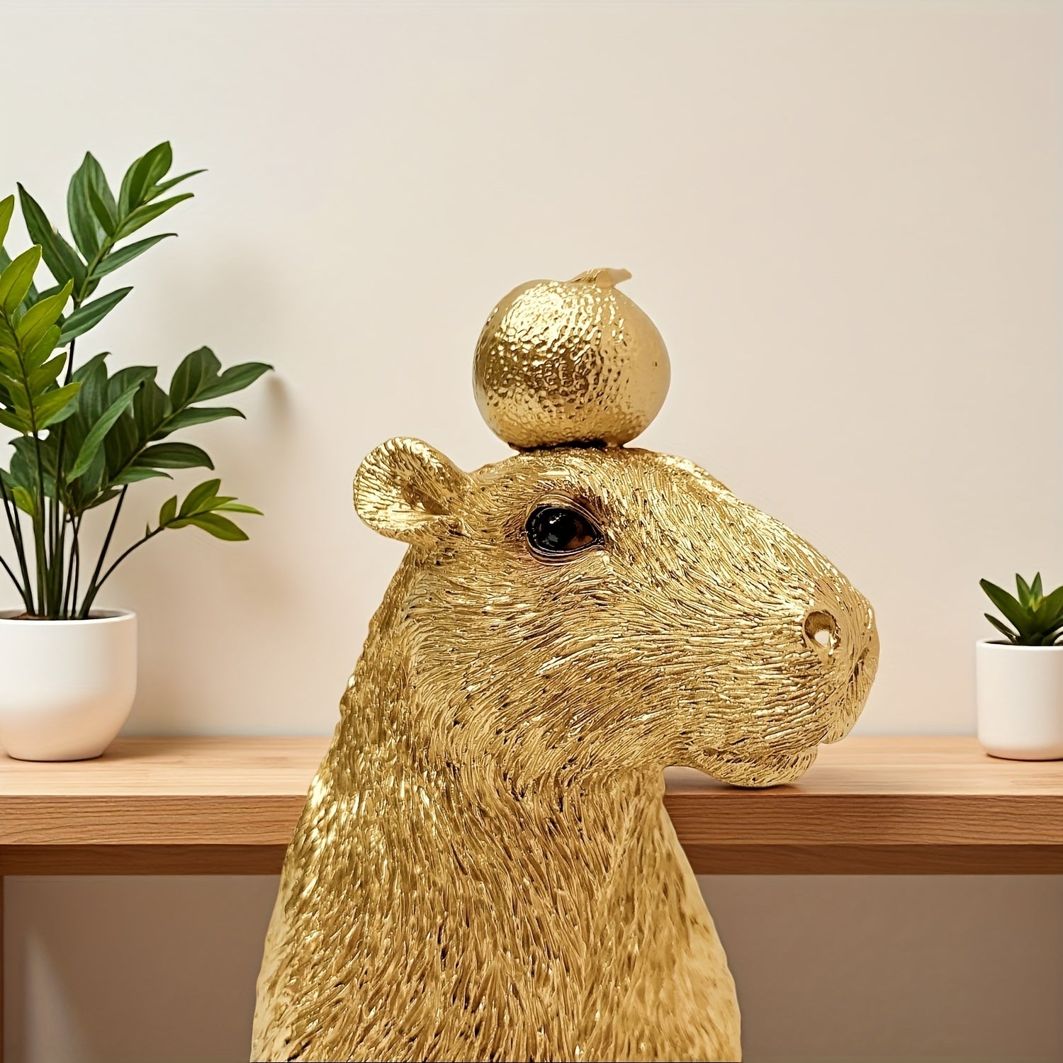 Tnessential Golden Capybara Statue with Orange on Head 3D Decor