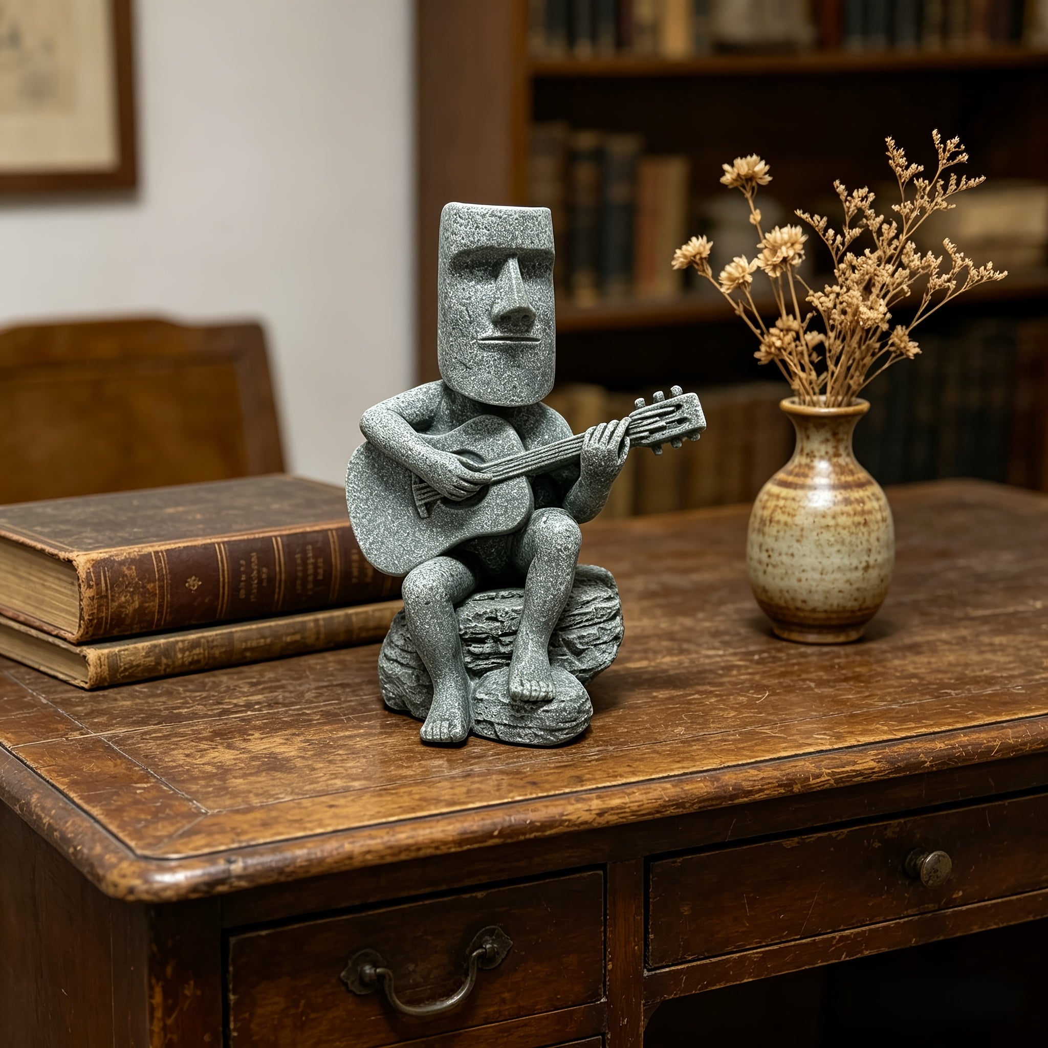 Tnessential Green Sandstone Moai Statue Figurine Creative Rocking 3D Decor