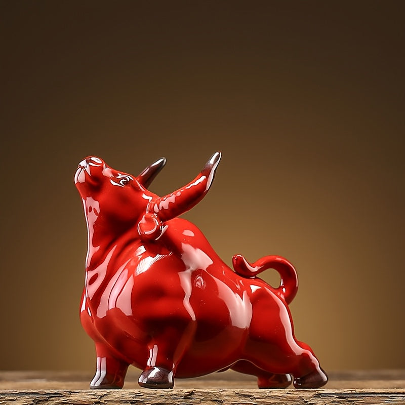 Tnessential Ceramic Red Zodiac Cow Tea Pet Decoration for Tabletop Ox 3D Decor