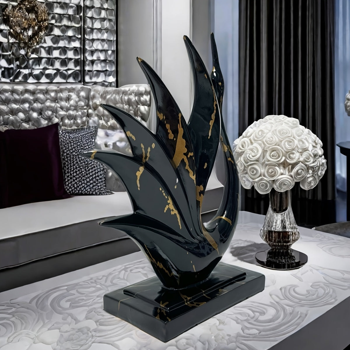 Tnessential Black Golden Elegant Dancing Swan Resin Sculpture 3D Decor