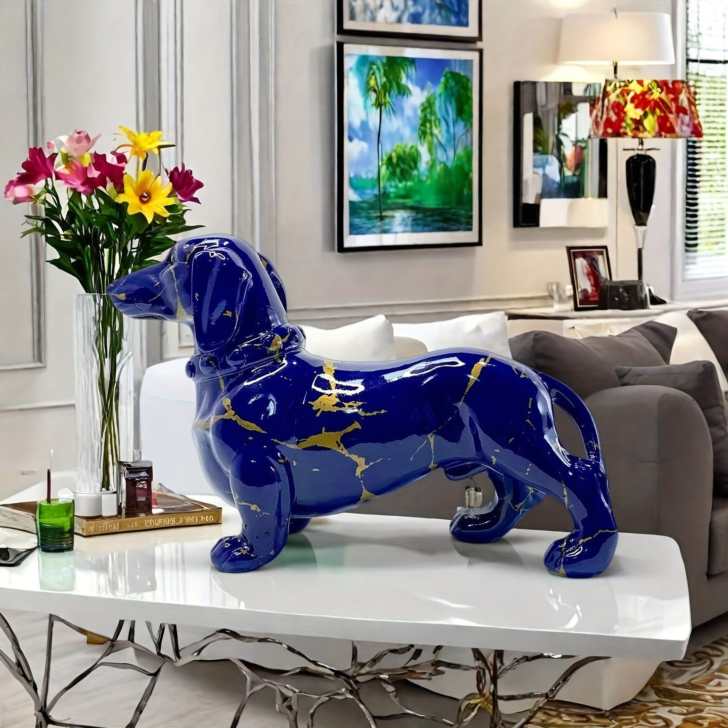 Tnessential Modern Creative Navy Blue Dachshund Decoration with Golden 3D Decor