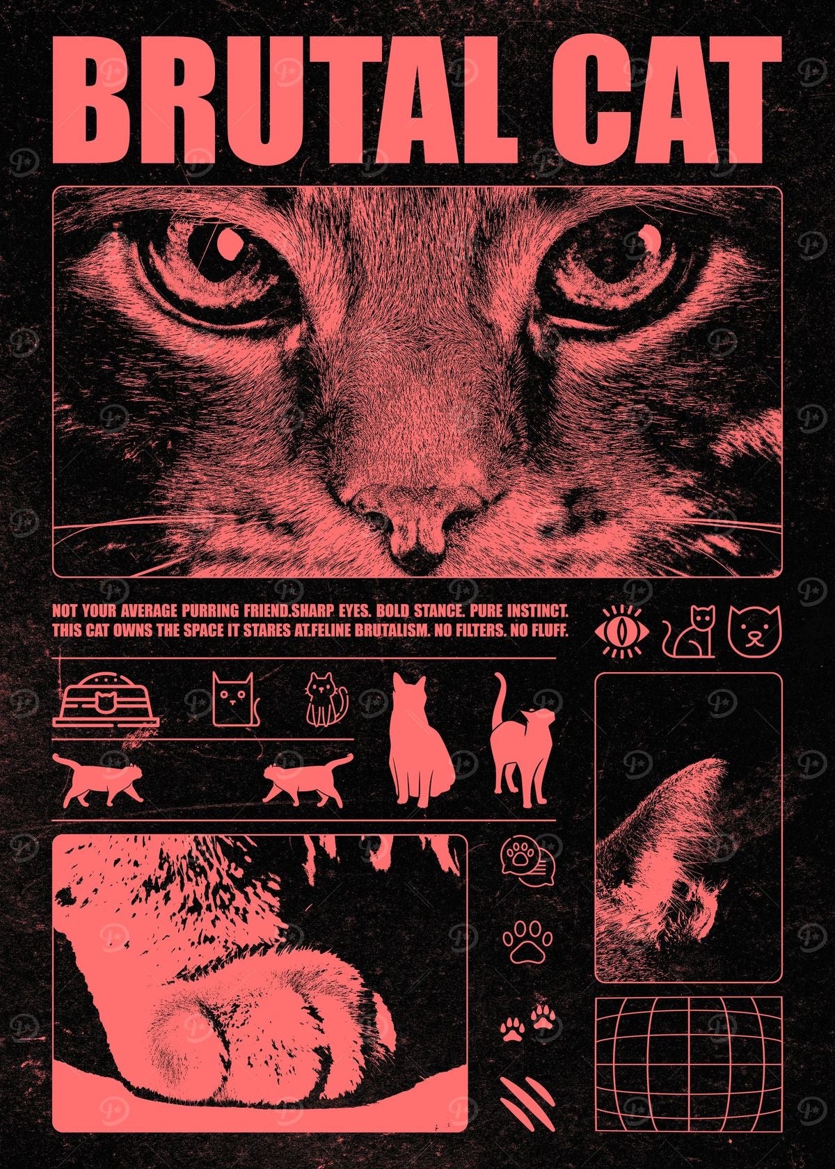 CUTE RED "BRUTAL CAT" CANVAS POSTER