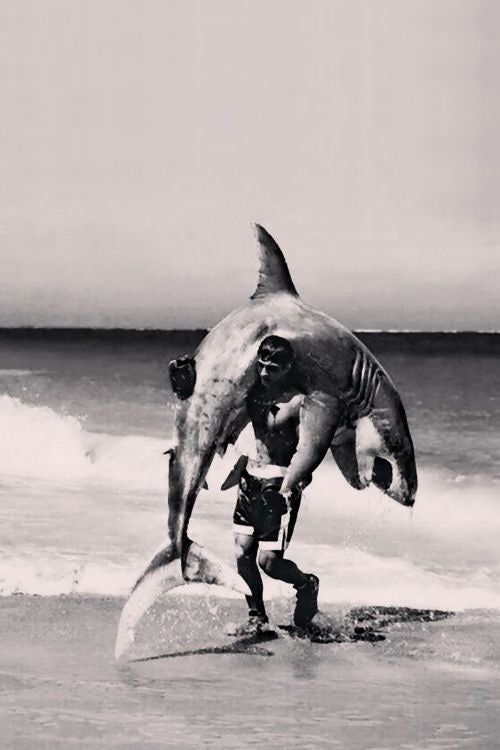 VINTAGE MAN CARRYING A SHARK CANVAS POSTER