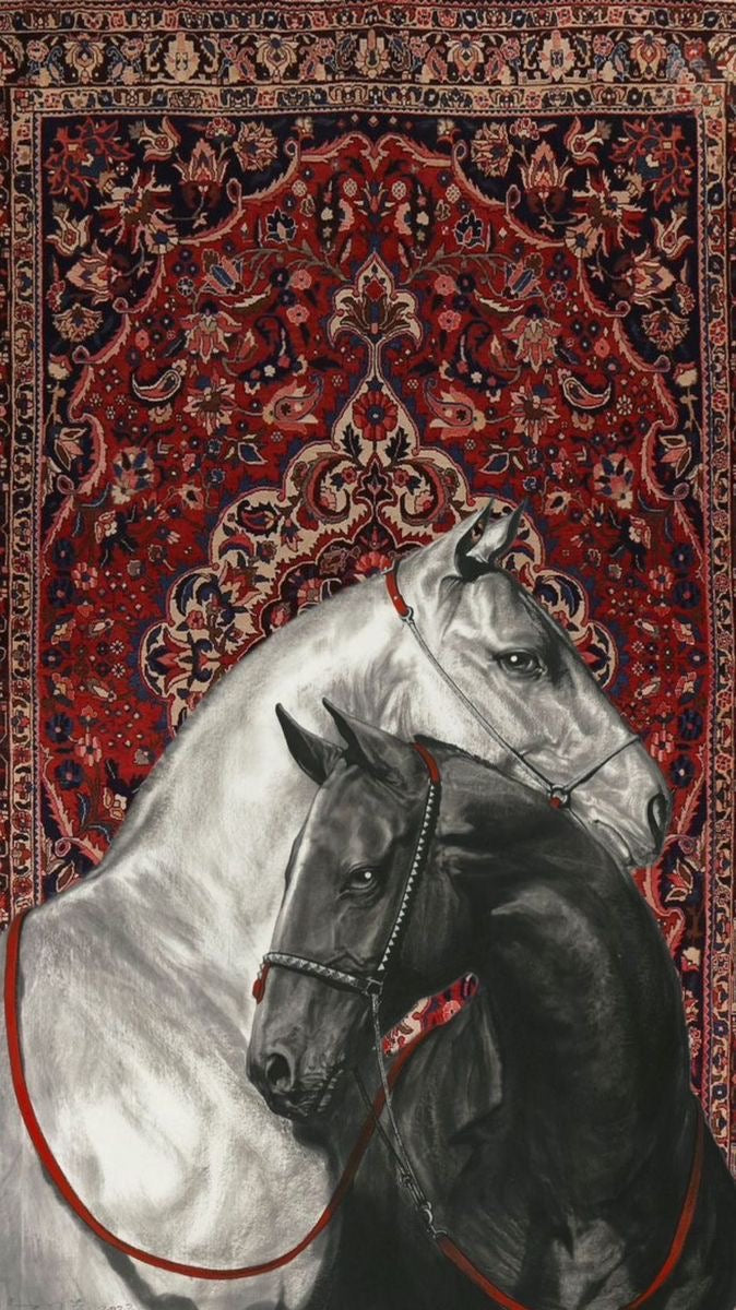MAJESTIC BLACK AND WHITE HORSES PERSIAN RUG CANVAS POSTER