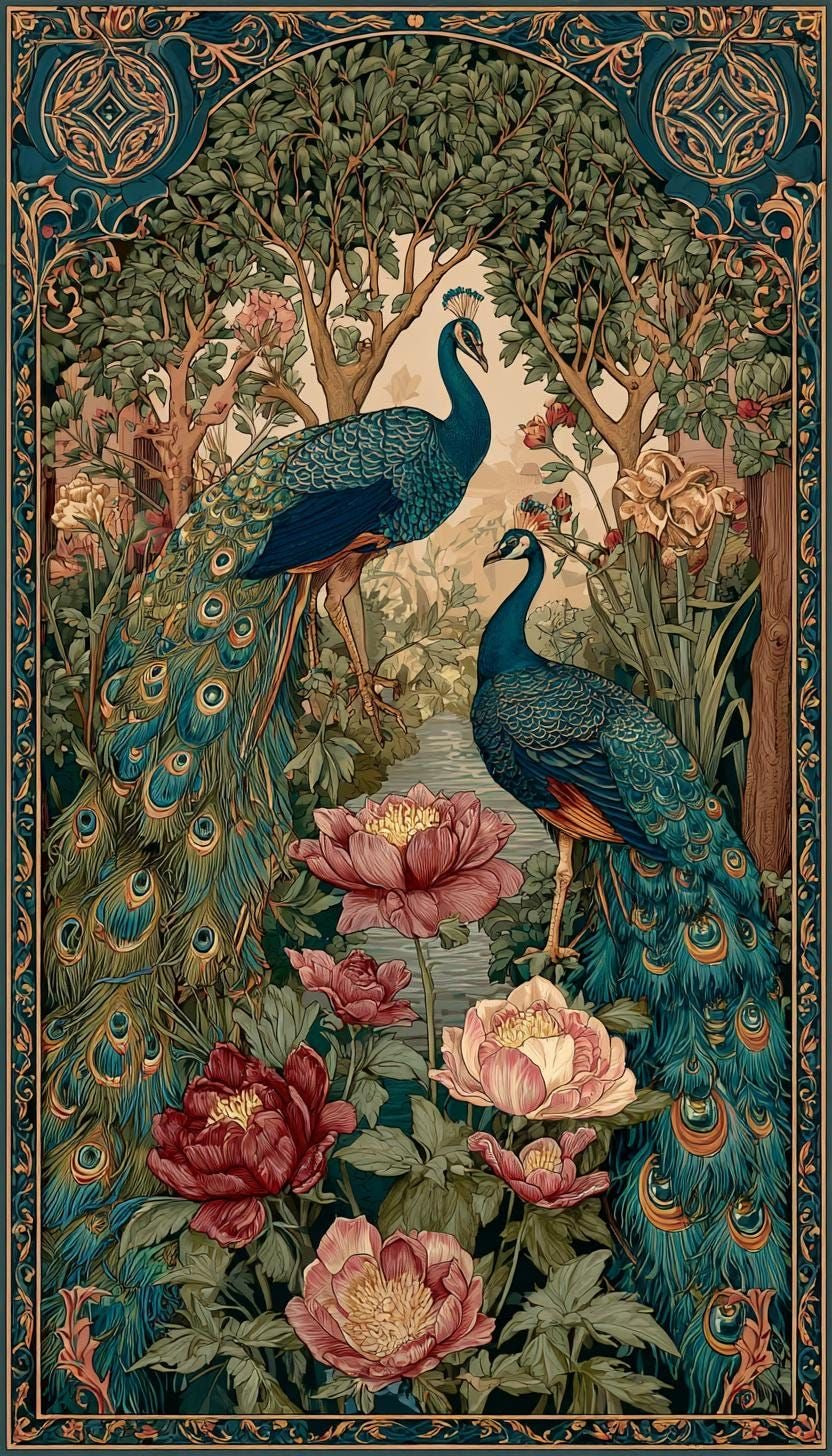 ELEGANT PEACOCK GARDEN ART CANVAS POSTER