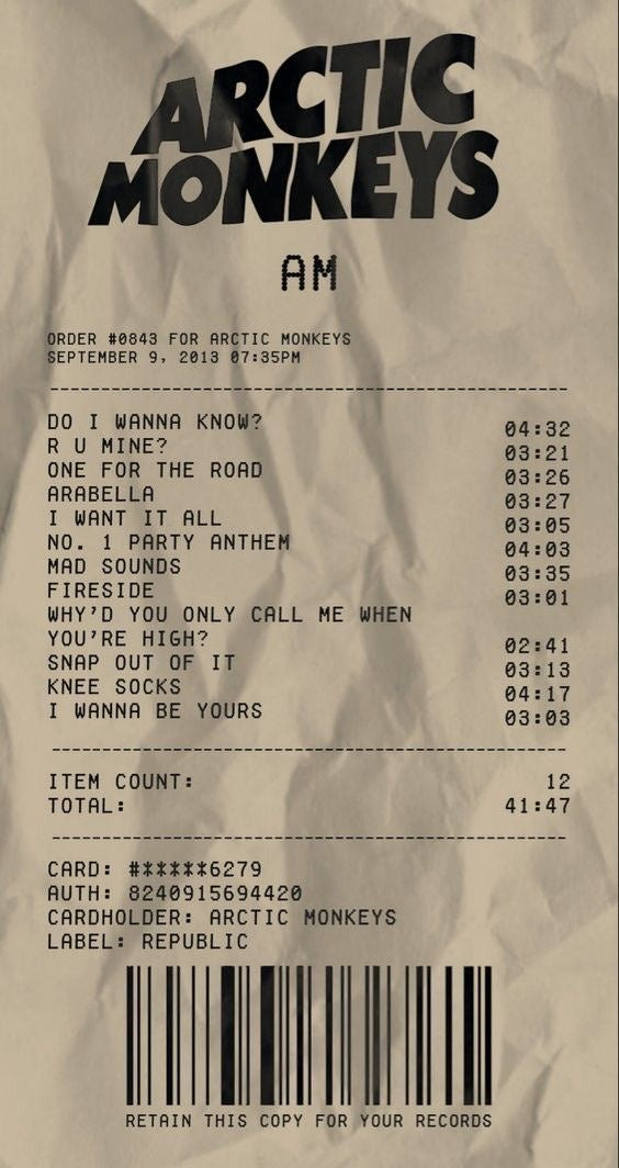 ARCTIC MONKEYS AM INDIE ROCK RECEIPT AESTHETIC CANVAS POSTER