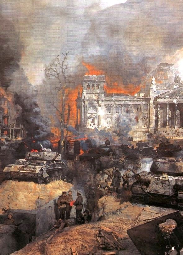 WORLD WAR II BERLIN IN FLAMES TANKS AND CHAOS CANVAS POSTER