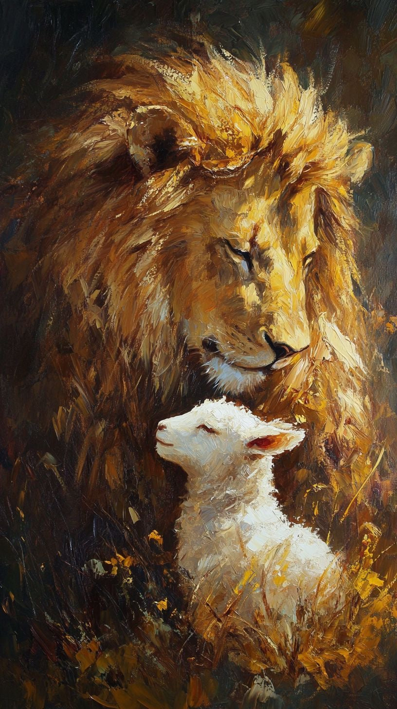 LION AND LAMB PEACE AND POWER SYMBOLIC WILDLIFE ART CANVAS POSTER