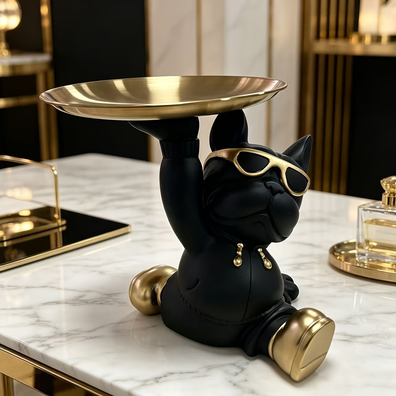 Tnessential Cute Black Bulldog Resin Statue 3D Decor