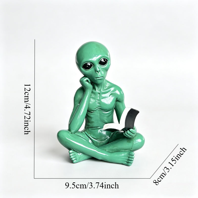 Tnessential Alien Figurine Reading Book Statue 3D Decor