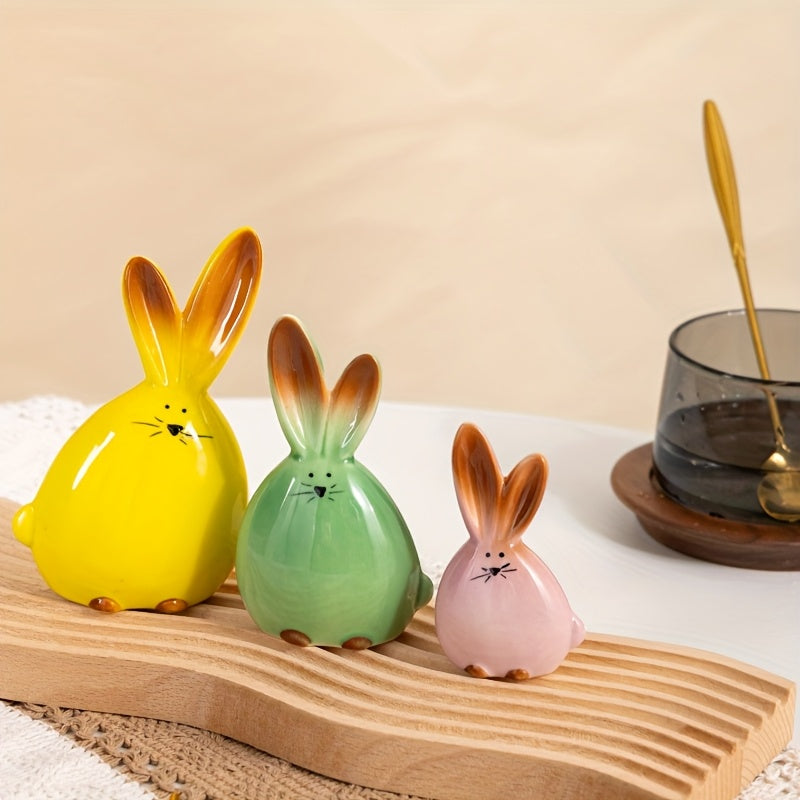 Tnessential Elegant Ceramic Rabbit Figurine Set of 3 with Rare Pink 3D Decor