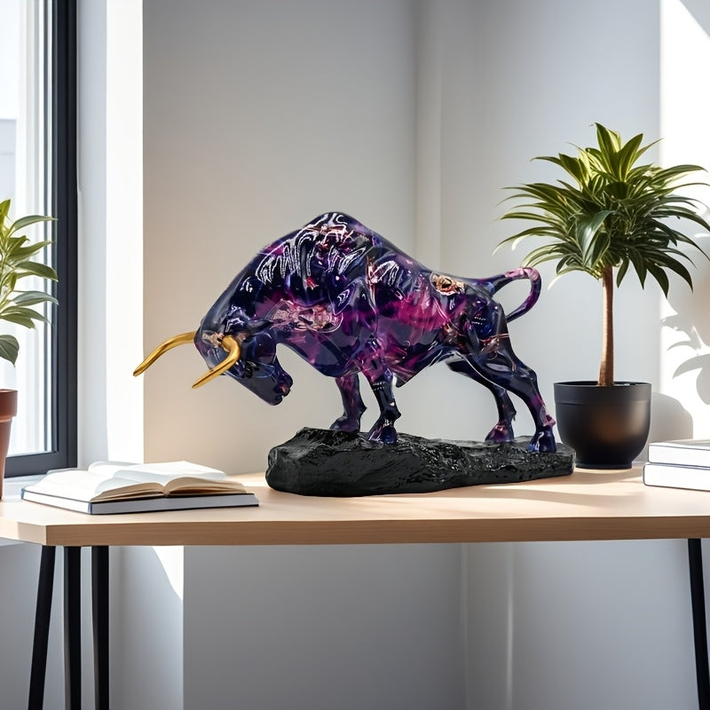 Tnessential Majestic Purple Resin Bull Statue with Golden Horns 3D Decor