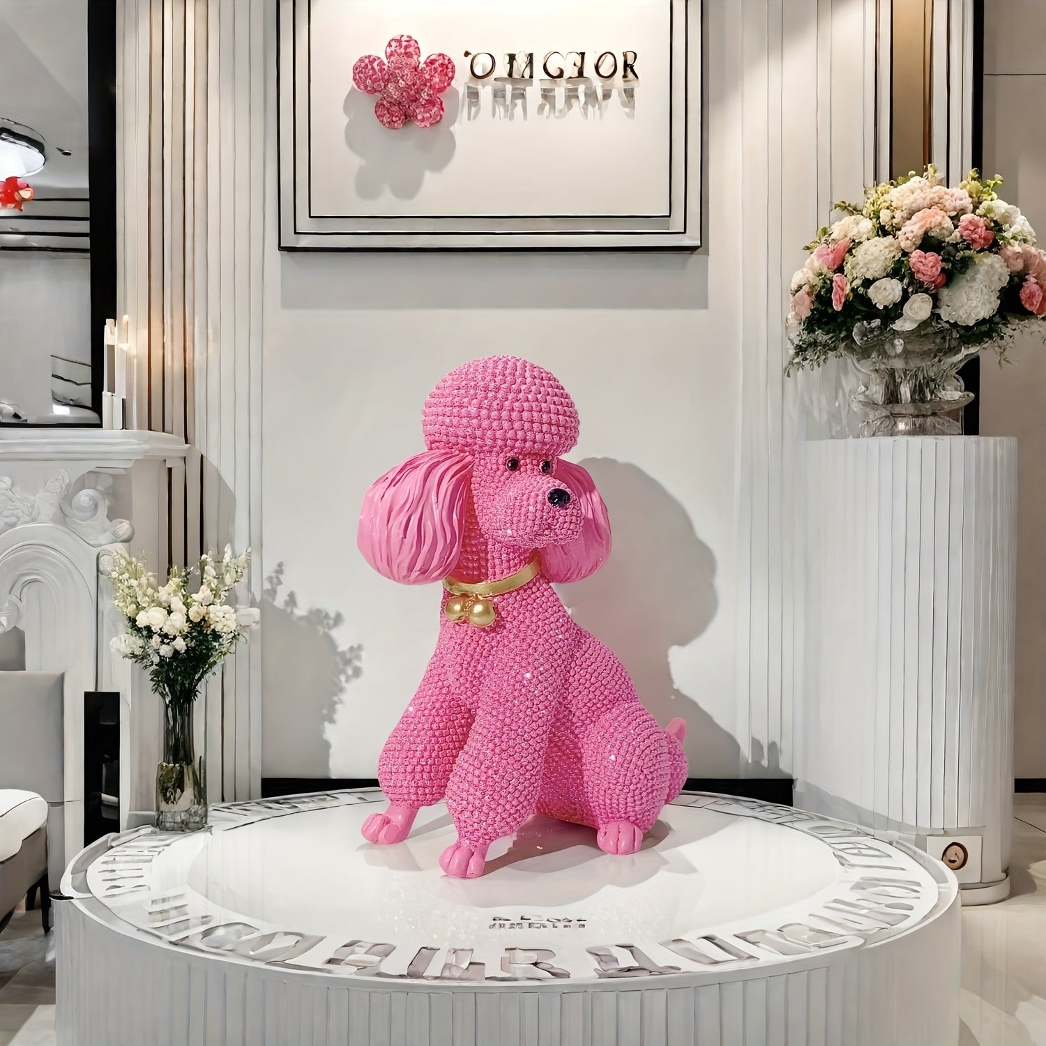 Tnessential Pink Dotted Bell Poodle Dog Statue Ornament 3D Decor