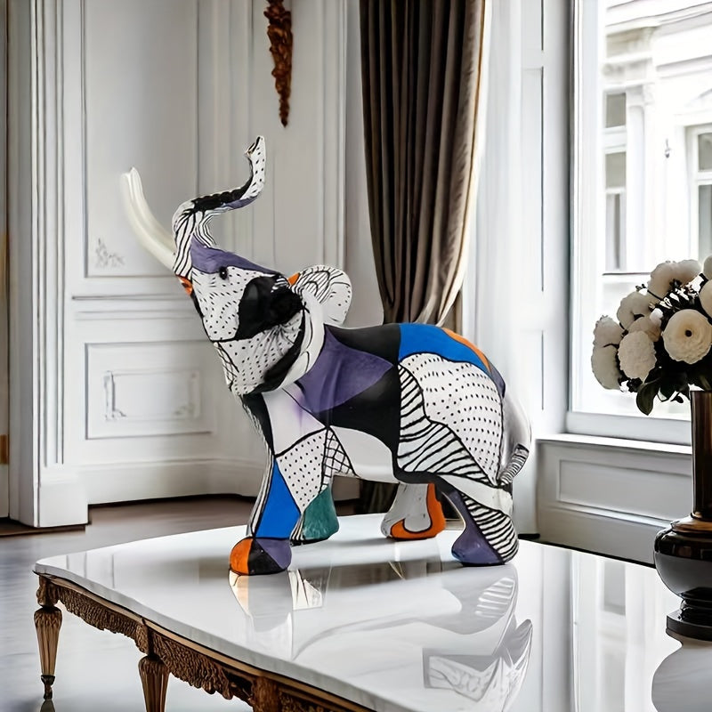 Tnessential Chic Striped Geometric Elephant Resin Statue 3D Decor