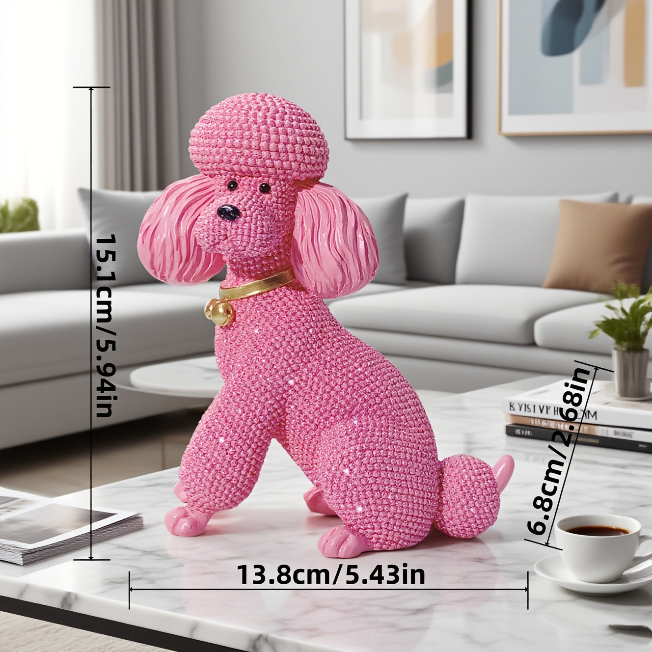 Tnessential Pink Dotted Bell Poodle Dog Statue Ornament 3D Decor