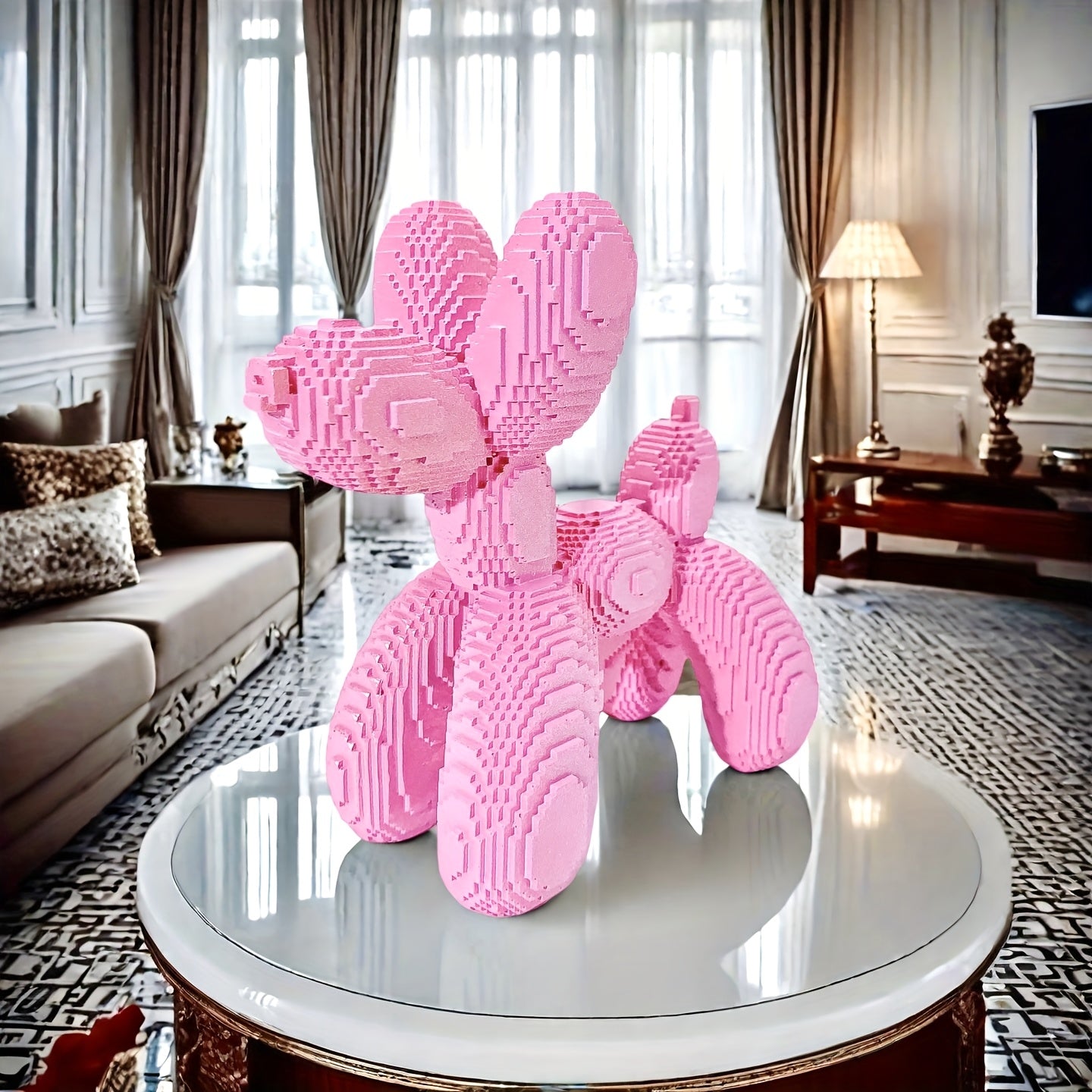 Tnessential One Pink Balloon Dog Statue Designed Like a Building Block 3D Decor