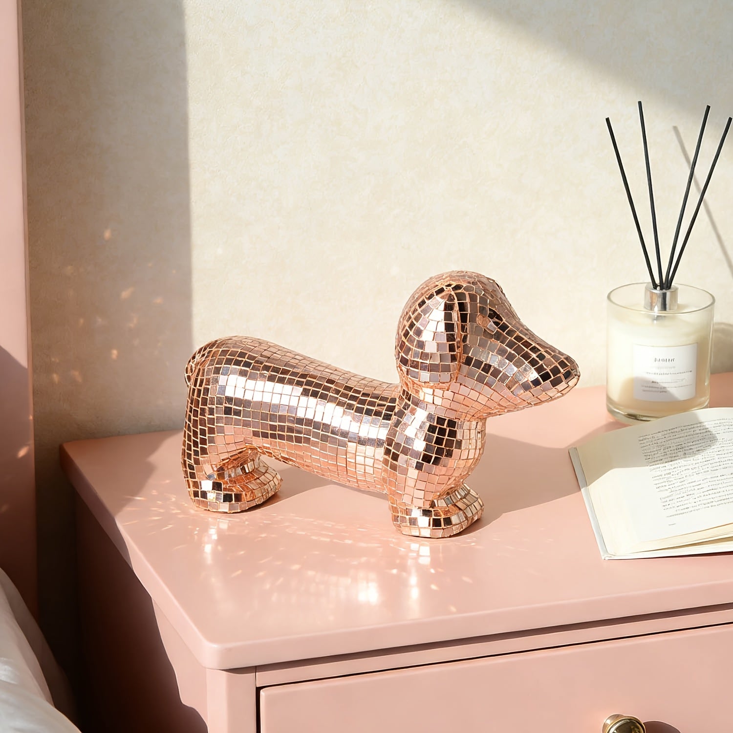 Tnessential Glittering Rose Golden Mosaic Dachshund Statue Handmade Art 3D Decor