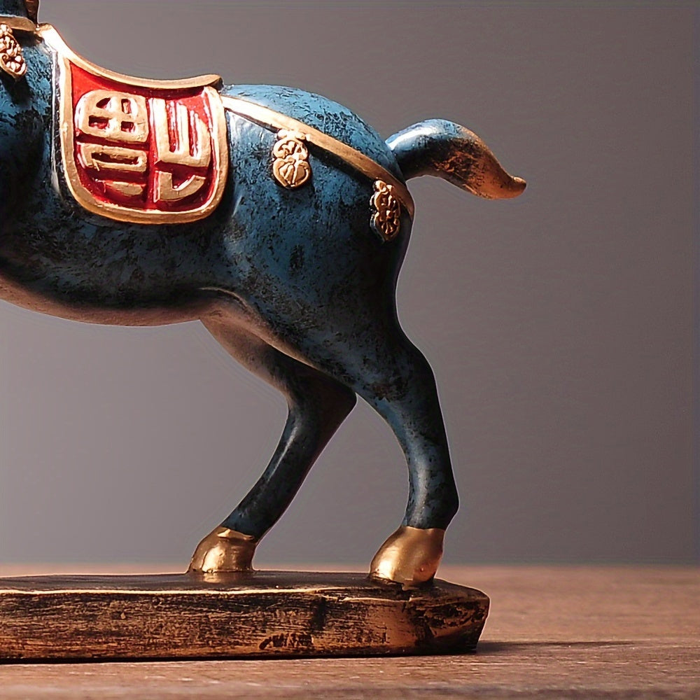 Tnessential Elegant Hand-painted Blue and Golden Horse Sculpture 3D Decor