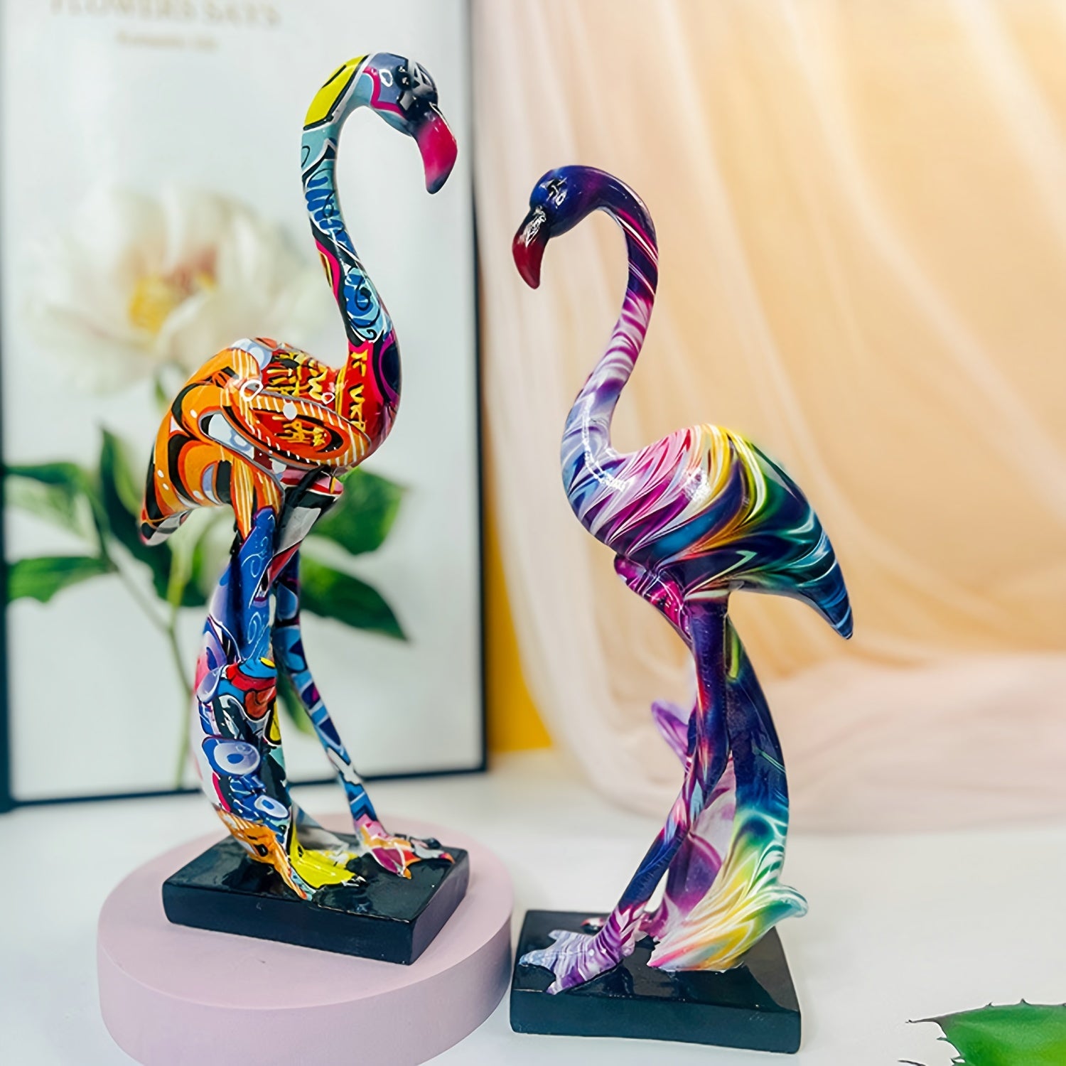 Tnessential Graffiti Flamingo Sculpture Animal Statues Art Figurines 3D Decor