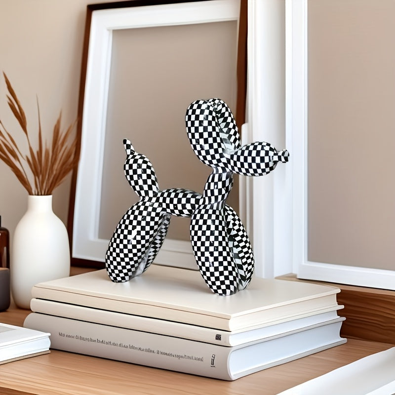 Tnessential Black and White Checkered Balloon Dog Sculpture 3D Decor