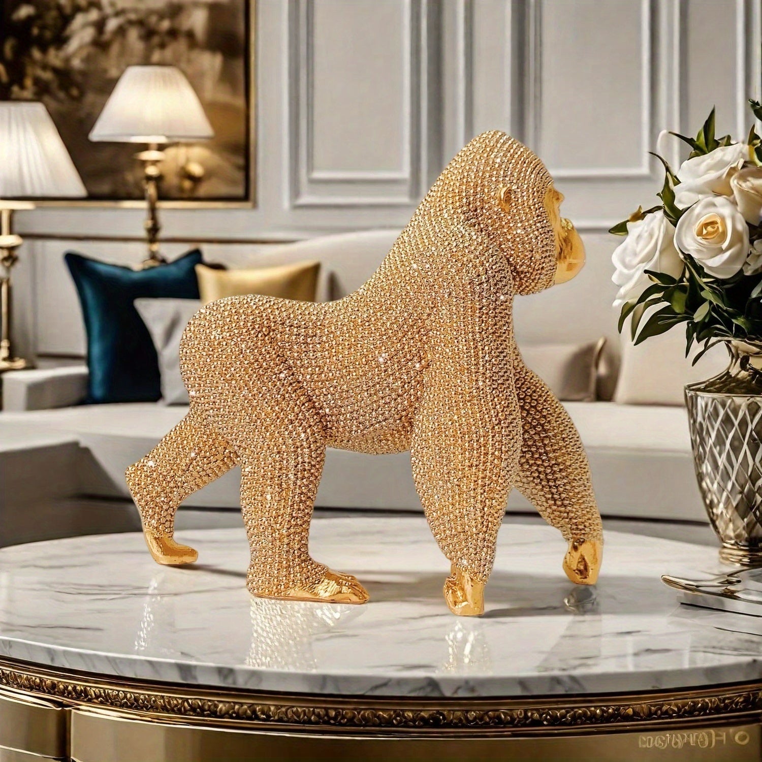 Tnessential Shiny Golden Dot Gorilla Statue Decoration 3D Decor