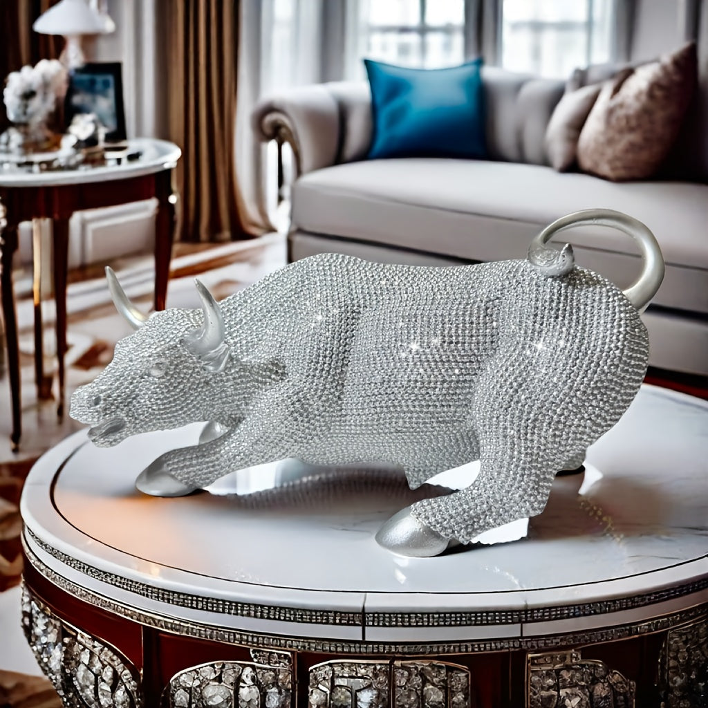 Tnessential Silvery Beaded Wall Street Bull Statue 3D Decor