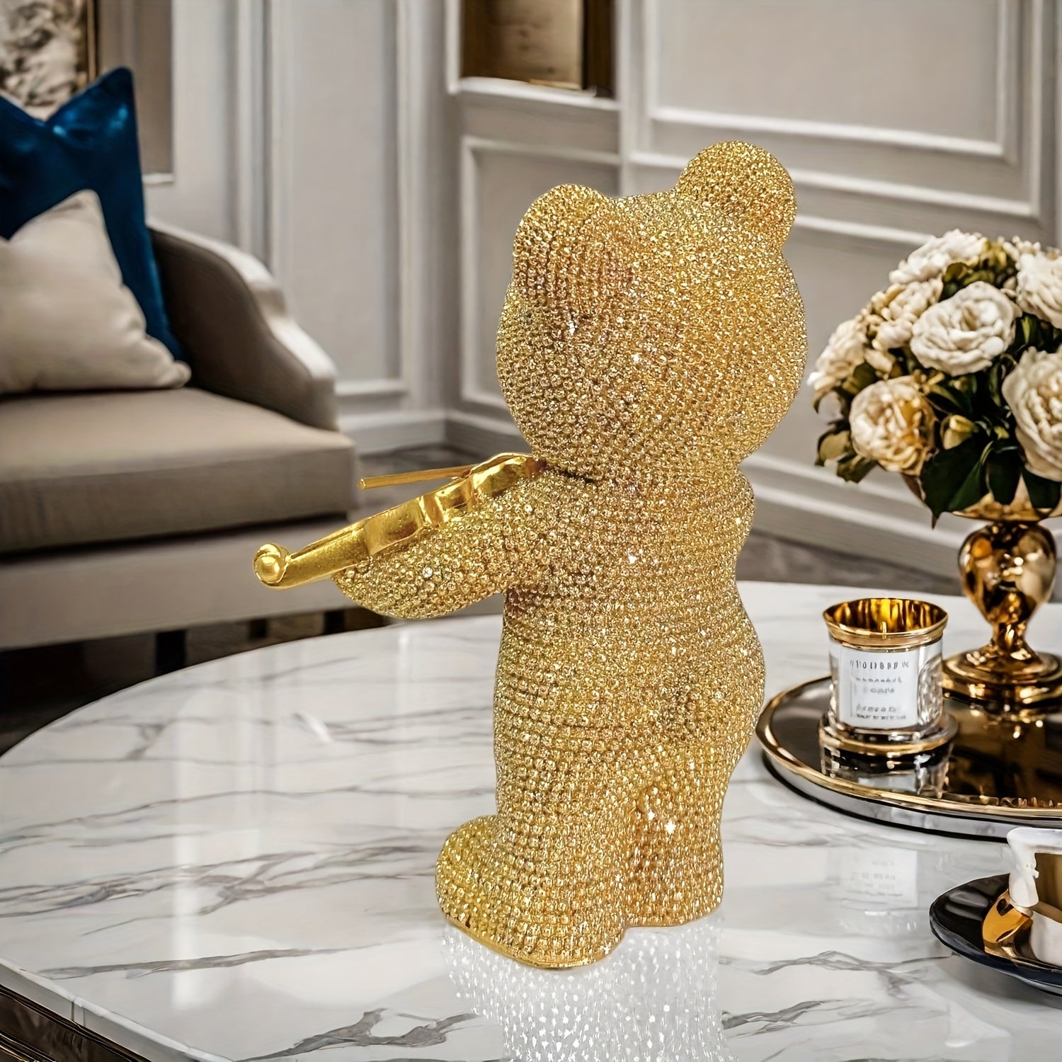 Tnessential Beautiful Beaded Bear Violinist Statue 3D Decor