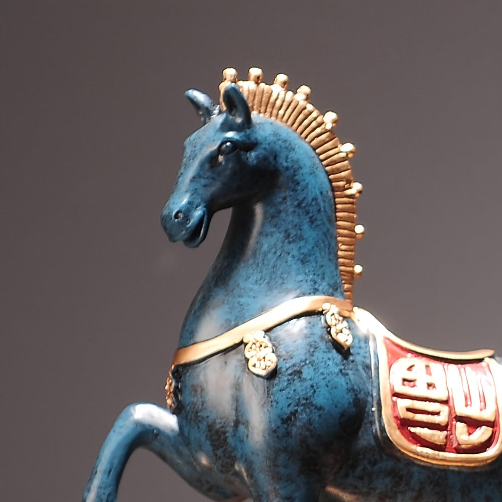 Tnessential Elegant Hand-painted Blue and Golden Horse Sculpture 3D Decor