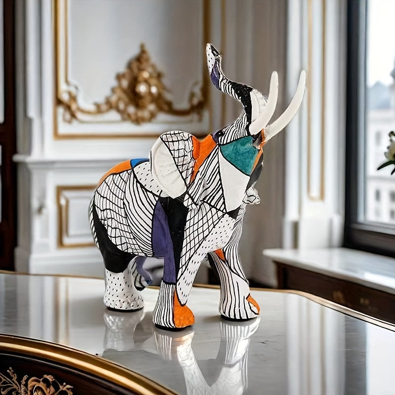 Tnessential Chic Striped Geometric Elephant Resin Statue 3D Decor