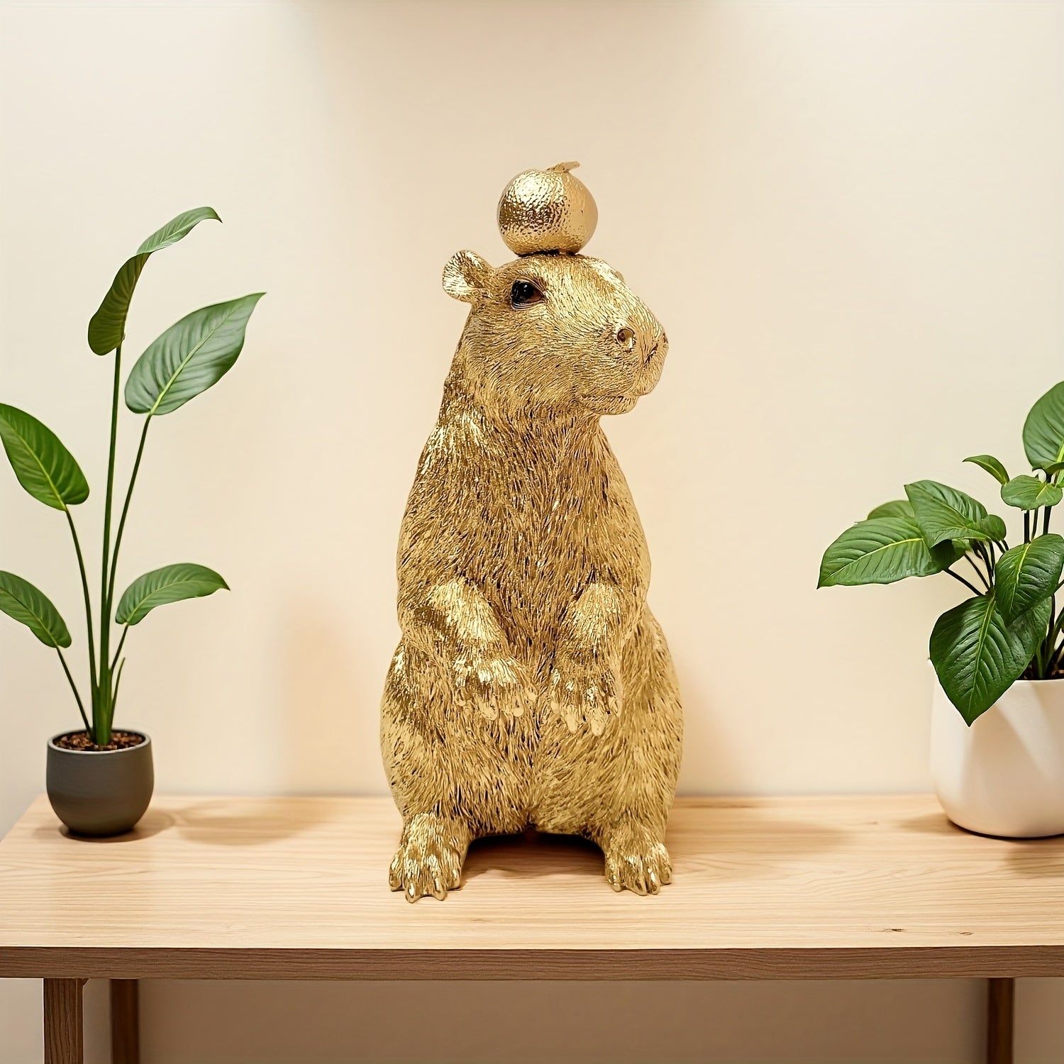 Tnessential Golden Capybara Statue with Orange on Head 3D Decor
