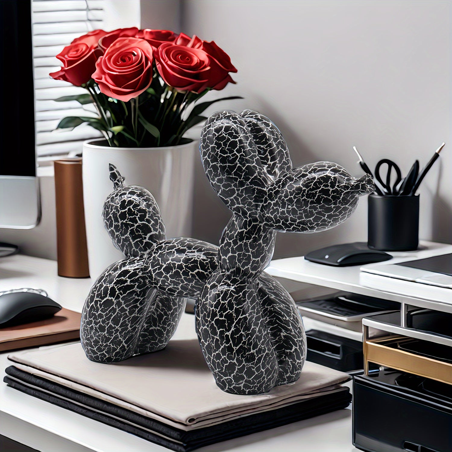 Tnessential Modern Black and White Crackle Balloon Dog Statue 3D Decor